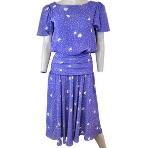 Vintage 80s Midi Dress Women 8 Floral Blue White Blouson Flowy Formal Party Work